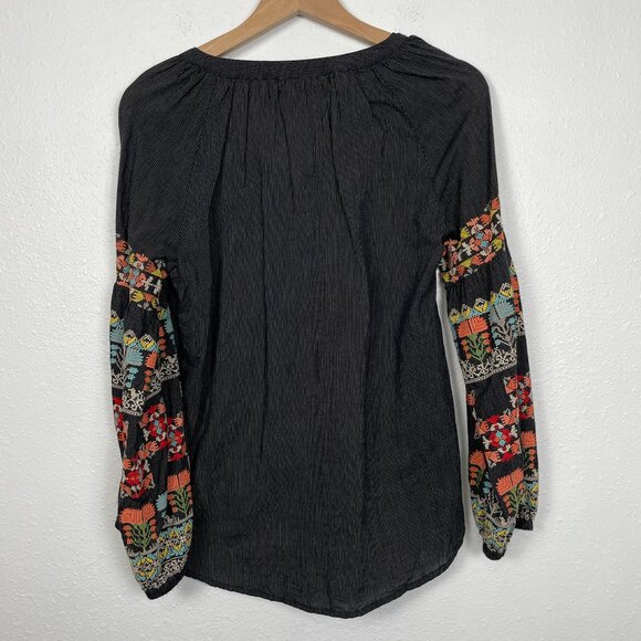Sundance Petite Medium Black Bubble Sleeve Boho Embroidered Blouse - Picture 5 of 7
